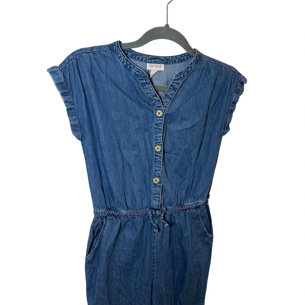 Cat & Jack Jumpsuit Denim Button Front Elastic Waist Casual Blue Girls L 10/12